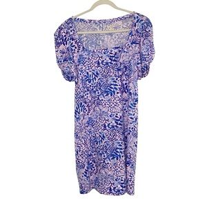 Lilly Pulitzer Blue & Pink Medium Haydn Puff Sleeve Ocean Print Shirt Dress